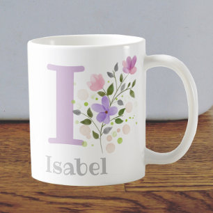 Mug Première initiale plus nom Isabel avec des fleurs