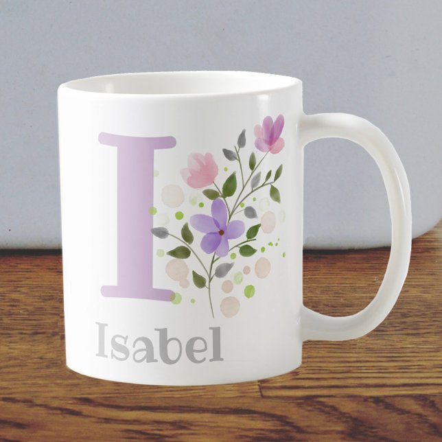 Mug Première initiale plus nom Isabel avec des fleurs (Créateur téléchargé)