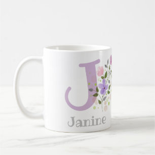 Mug Première initiale plus nom Janine avec des fleurs