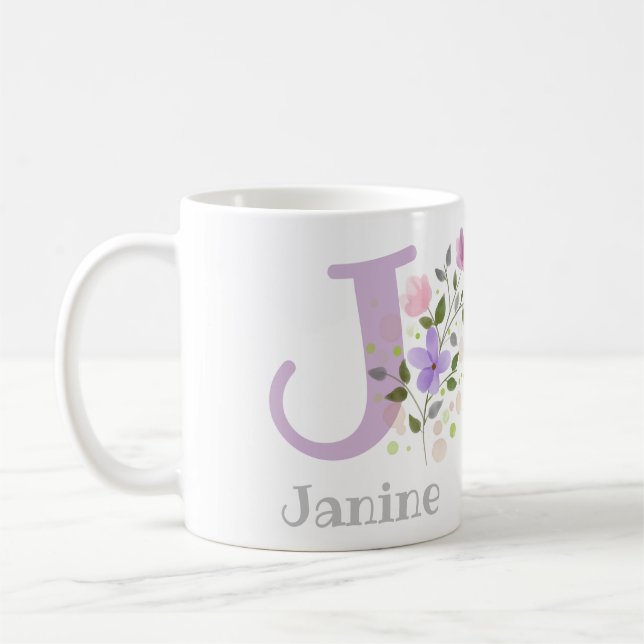 Mug Première initiale plus nom Janine avec des fleurs (Gauche)