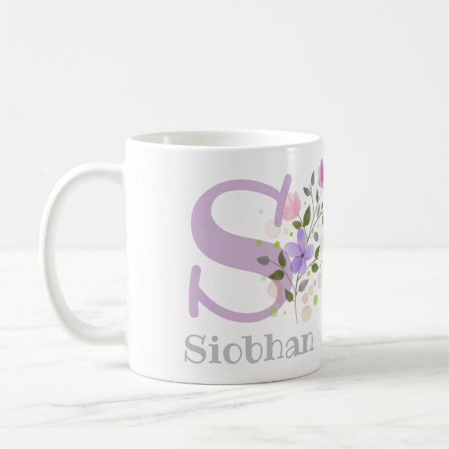 Mug Première initiale plus prénom avec des fleurs (Gauche)