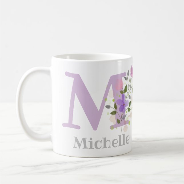 Mug Première initiale plus prénom avec des fleurs (Gauche)
