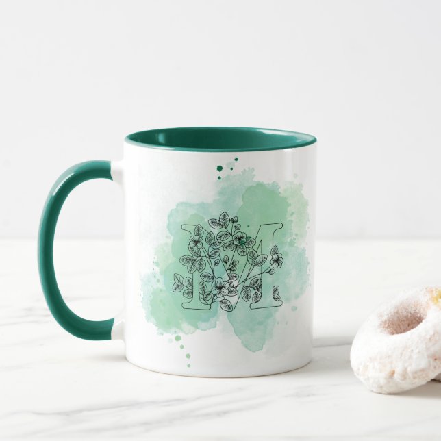 Mug Première M Aquarelle Monogramme Vert Botanique (Avec donut)