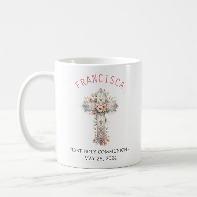 Mug Première Sainte Communion Croix rose florale (Gauche)