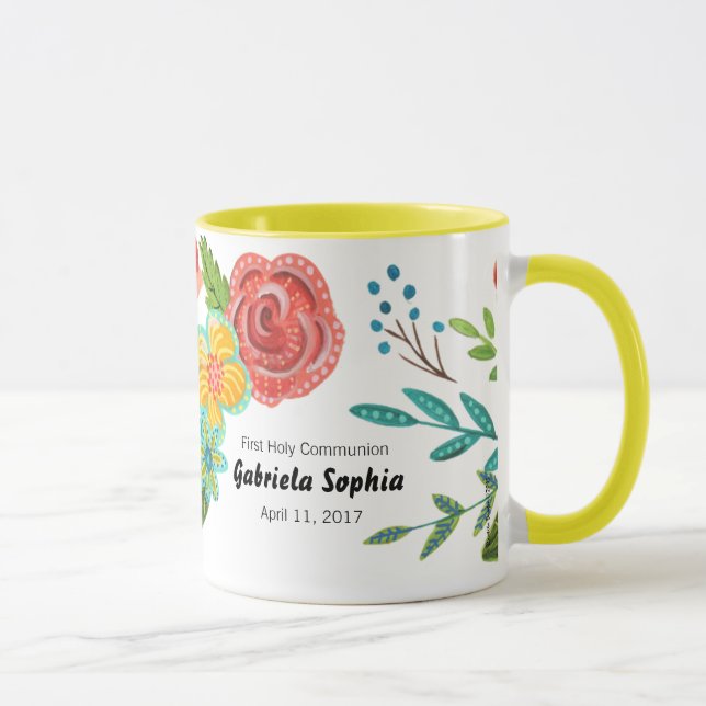 Mug Première Sainte Communion Nom personnalisé Floral  (Droite)