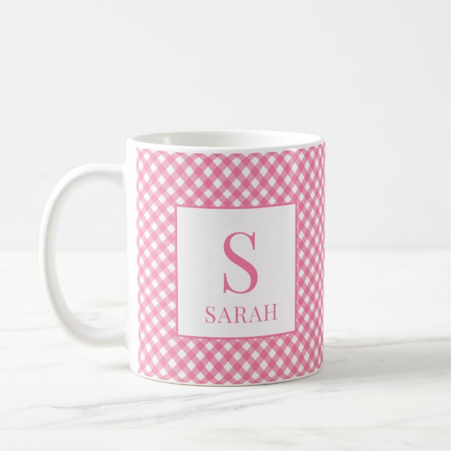 Mug Prépa Rose Gingham Carreaux Monogramme Nom (Gauche)