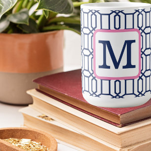 Mug Preppy Blanc bleu octagon Monogramme initial