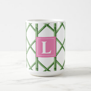 Mug Preppy Green Trellis Bamboo Motif Monogramme