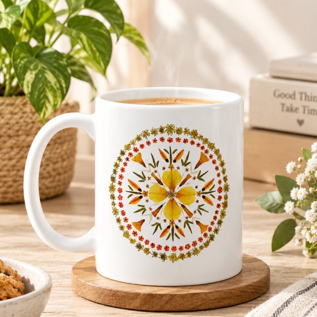 Mug Presse Fleur Mandala Jaune D'Art Original (Créateur téléchargé)