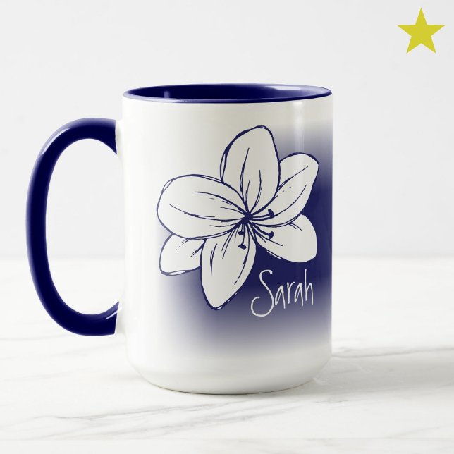 Mug Pretty Blue White Flower Drawing Custom Name (Créateur téléchargé)