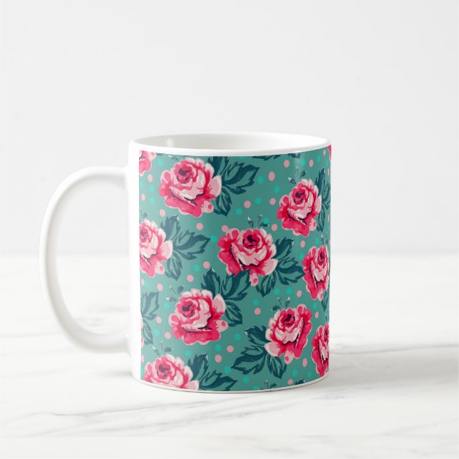 Mug Pretty Pink Roses and Polka Dot Pattern on Teal (Gauche)