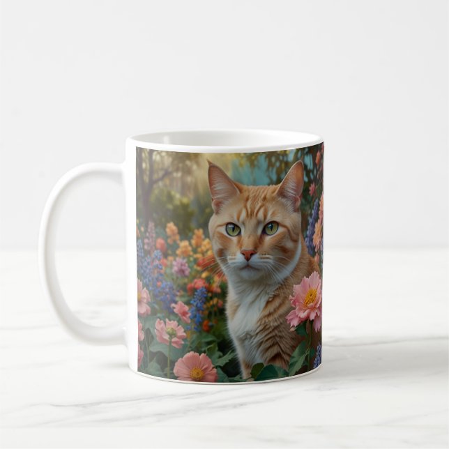 Mug Pretty white orange cat in floral garden (Gauche)