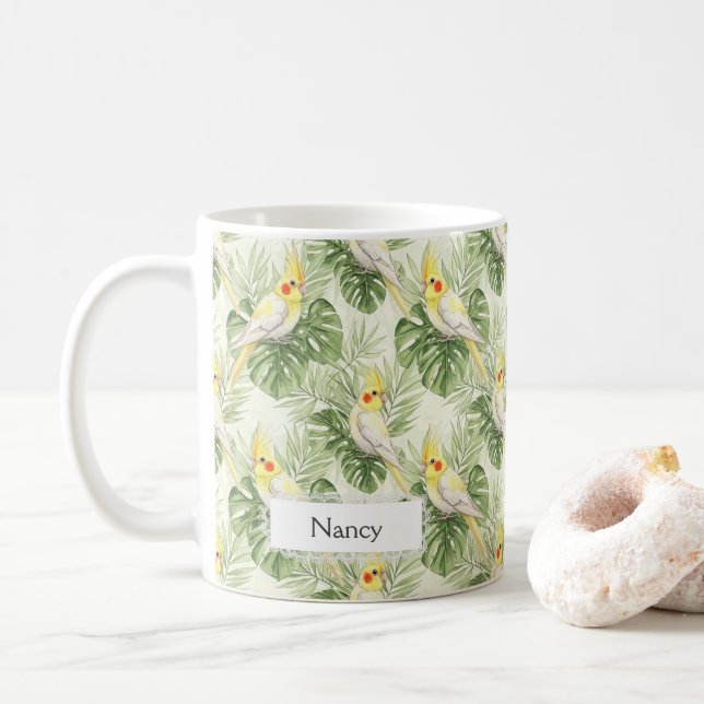 Mug Pretty Yellow and White Cockatiel Pet Bird Custom  (Avec donut)