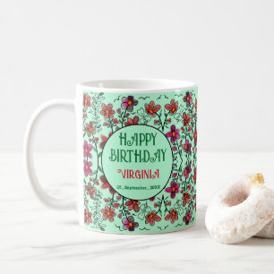 MUG PRINTEMPS UNIQUE ROUGE DOODLE FLEURS ANNIVERSAIRE