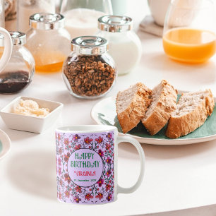 MUG PRINTEMPS UNIQUE ROUGE DOODLE FLEURS ANNIVERSAIRE