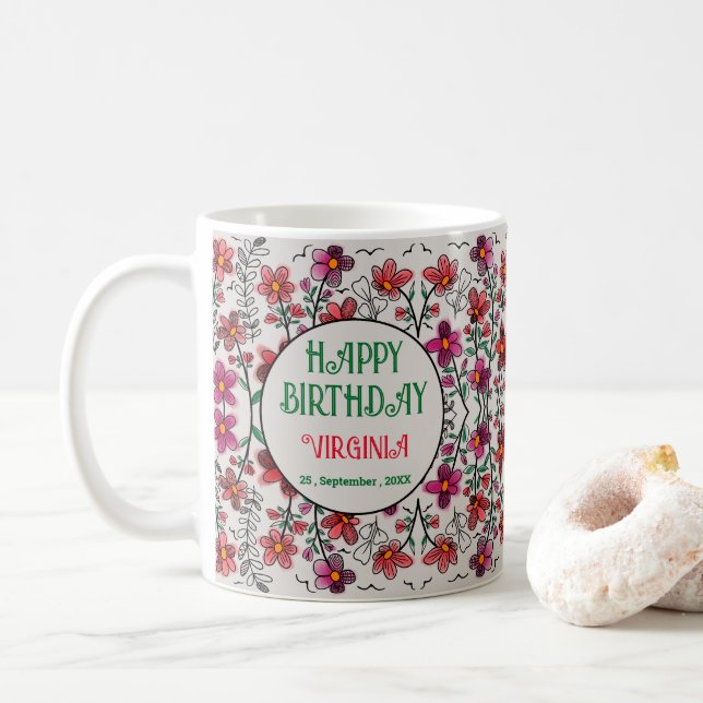 MUG PRINTEMPS UNIQUE ROUGE DOODLE FLEURS ANNIVERSAIRE (Avec donut)