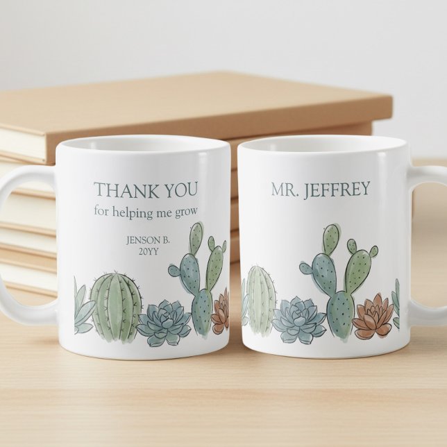 Mug Professeur de Plantes Succulentes à l'Aquarelle qu (Personalized mug with succulents and "thank you for helping me grow" message by Darling & May)