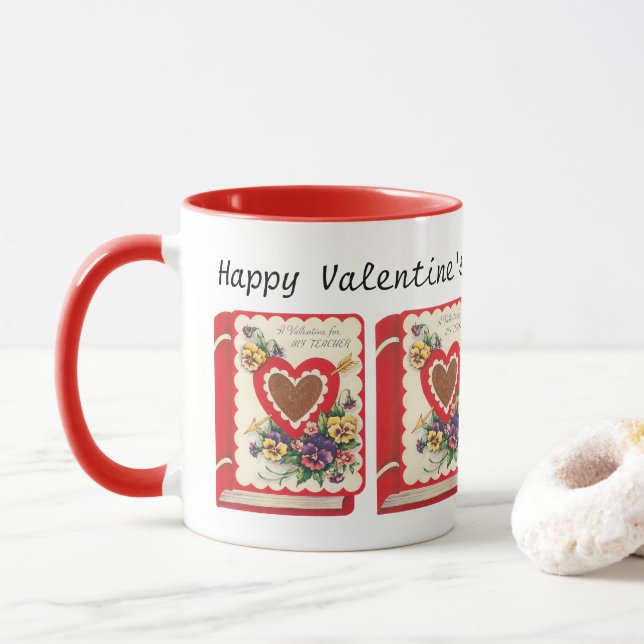 Mug Professeur Valentine, Livre Vintage Coeurs et Fleu (Avec donut)