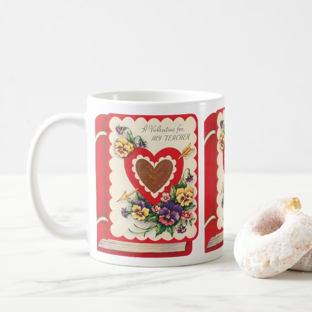 Mug Professeur Valentine, Livre Vintage Coeurs et Fleu (Avec donut)