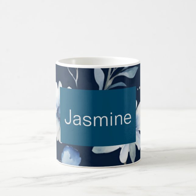 Mug Professionnel Moderne Minimaliste Blue Floral Nom (Centre)