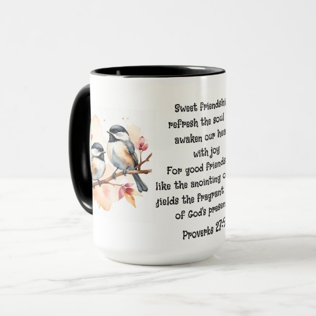Mug Proverbes 27:9 Amitié Bible Citation Oiseaux migno (Devant gauche)