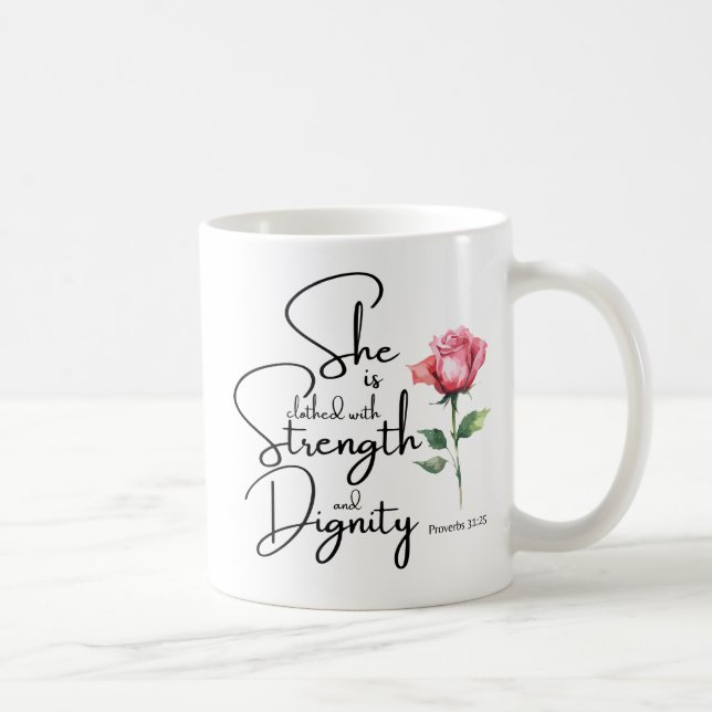 Mug Proverbes 31:25 Elle est habillée Bible Verse Fleu (Droite)