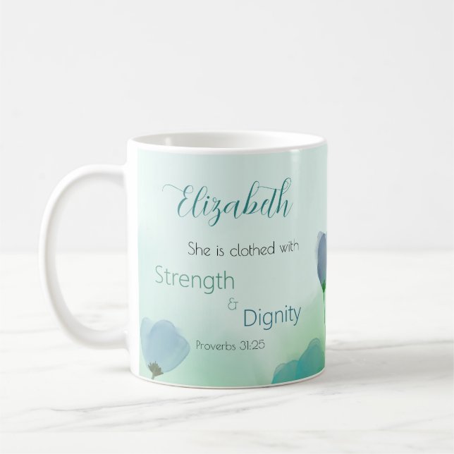 Mug Proverbes 31:25 Femme de foi Vert bleu floral (Gauche)