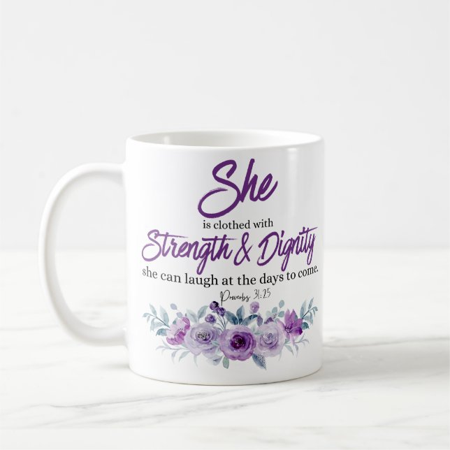 Mug Proverbes 31:25 Force et Dignité Fleur pourpre (Gauche)