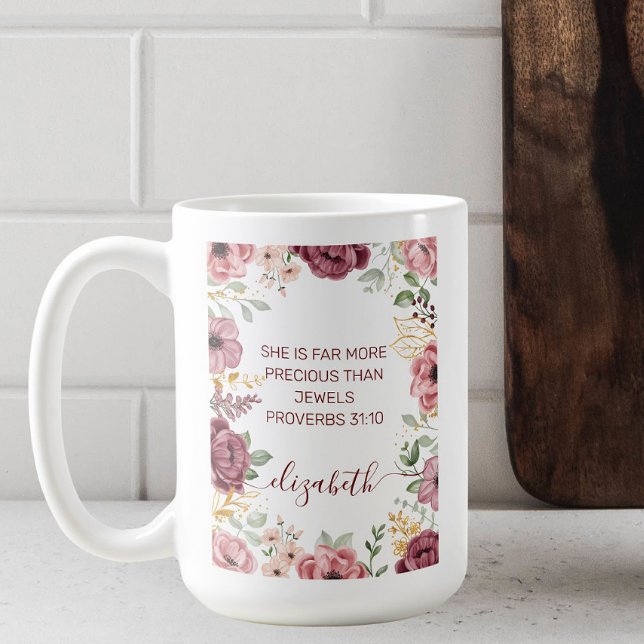 Mug Proverbes 31 Élégante écriture de fleurs rose past (Créateur téléchargé)