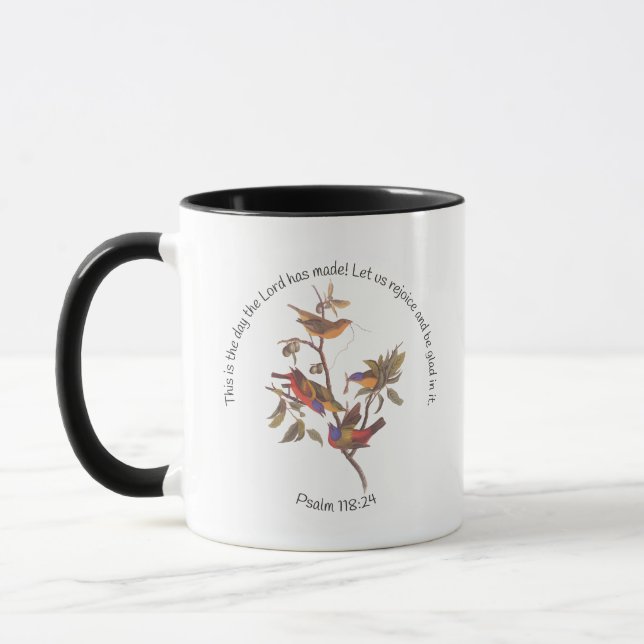 Mug Psaume 118:24 Verse de la Bible et oiseaux lapins  (Gauche)