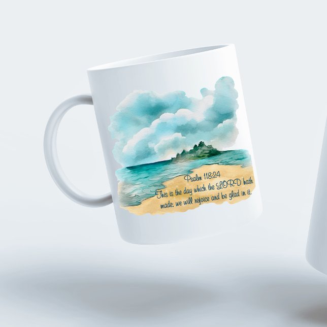 Mug Psaume 118 Jour de Réjouissance Scène de Plage Nua (Psalm 118 Day to Rejoice Cloudy Beach Scene Coffee Mug)