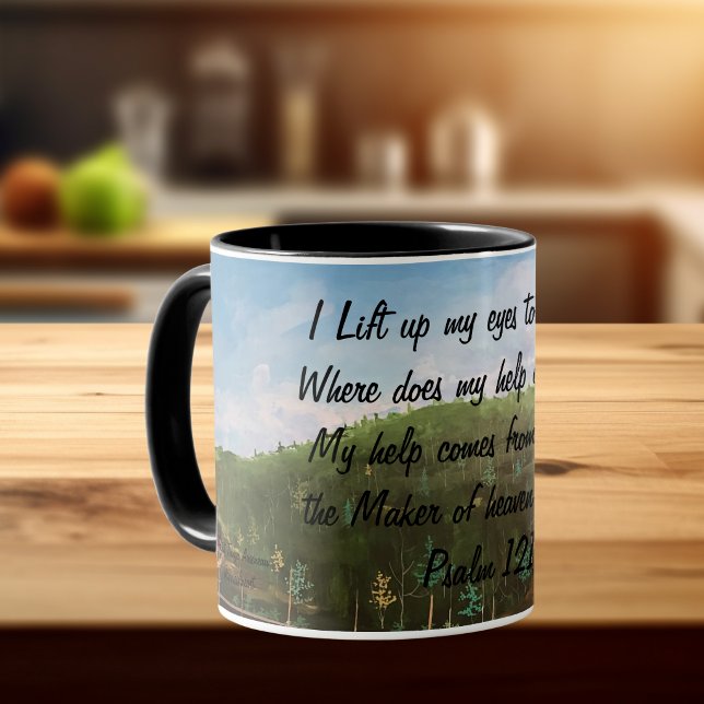 Mug Psaume 121:1  Œuvre d'art originale peinte à la ma (Scripture mug with painting print as background)