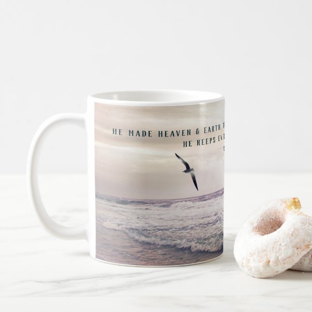 Mug Psaume 146:6 Vagues de plage et photographie de mo (Avec donut)