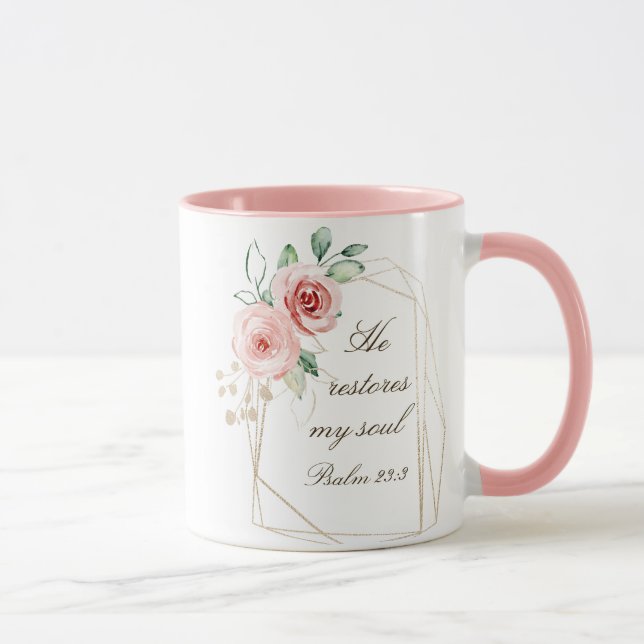Mug Psaume 23:3 Il rétablit mon âme Bible Verse & Rose (Droite)