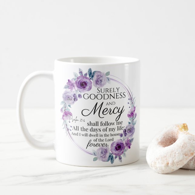 Mug Psaume 23:6 Inspirationnel Bible Verse Floral Viol (Avec donut)