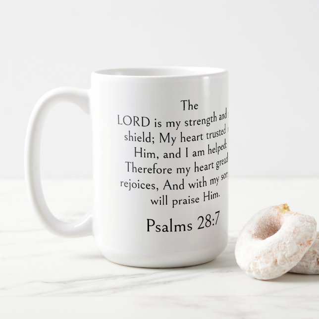 Mug Psaume 28:7 Verset biblique, Écriture moderne de f (Avec donut)