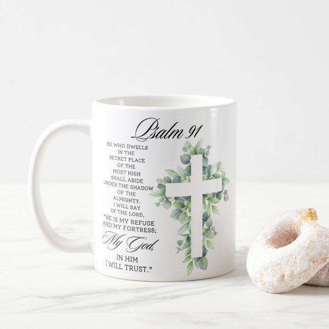 Mug Psaume 91:1-2 Croix religieuse de verdure Verset b (Avec donut)