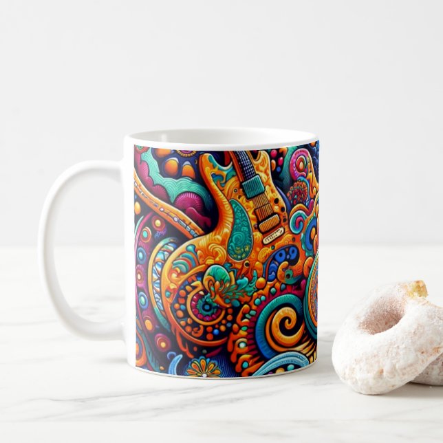 Mug Psychedelic Batik Guitar Art–Colorful Retro Music (Avec donut)