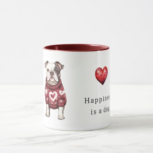 Mug Pull rouge Cœurs blancs Le bonheur est un chien (Centre)