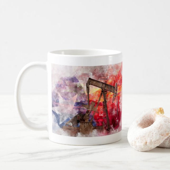 Mug Pumpjack Texan icône aquarelle avec Texas Flag (Avec donut)