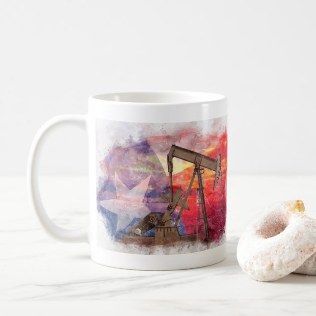 Mug Pumpjack Texan icône dessin pastel avec Texas Flag (Avec donut)