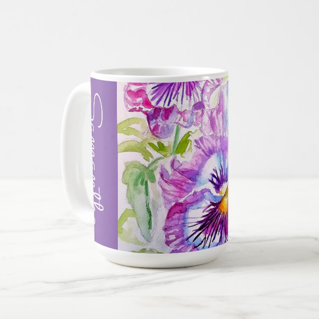 Mug Purple Pansy Flower Watercolor Womans Name Pansies (Devant gauche)