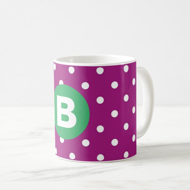 Mug Purple Polka Dot Pattern Green Monogram (Devant droit)
