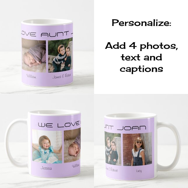 Mug Quatre photos éditable texte personnalisé lilas (Classic coffee mug. 'Design theme' lilac)