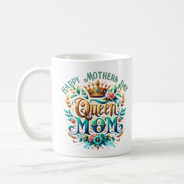 Mug Queen Mom Floral Typographie rétro (Gauche)