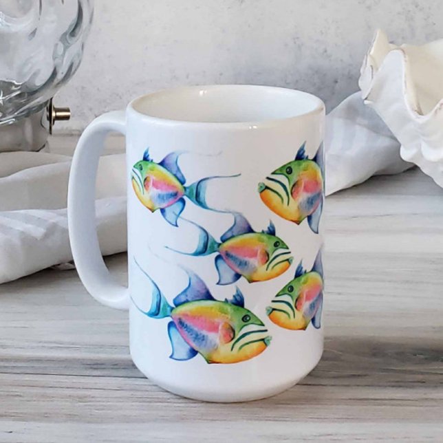 Mug Queen Triggerfish Tropical Fish Watercolor Art (Beach-themed coffee mugs feature ocean inspired tropical fish art by Victoria Grigaliunas)