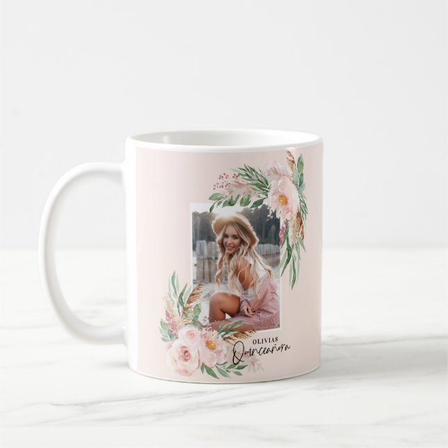 Mug Quinceañera rose rose pâle poule photo florale ann (Gauche)