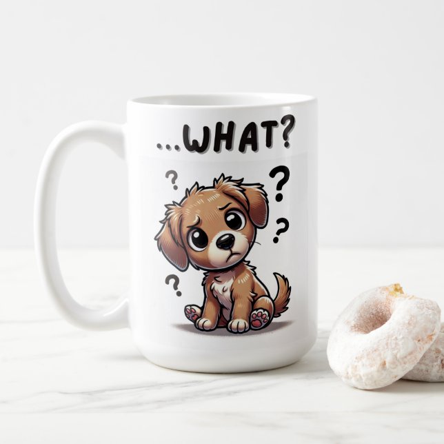 Mug "...quoi ?" Adorable Confused Cartoon Puppy (Avec donut)