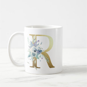 Mug R, initial doré avec feuillage floral bleu