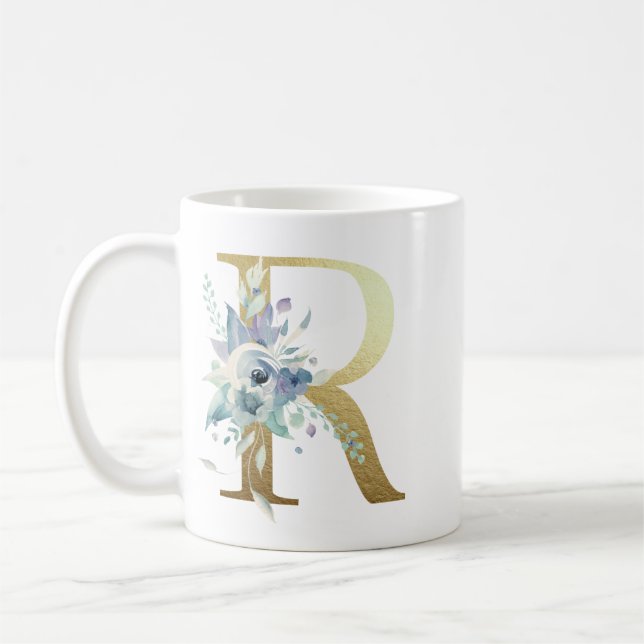 Mug R, initial doré avec feuillage floral bleu (Gauche)